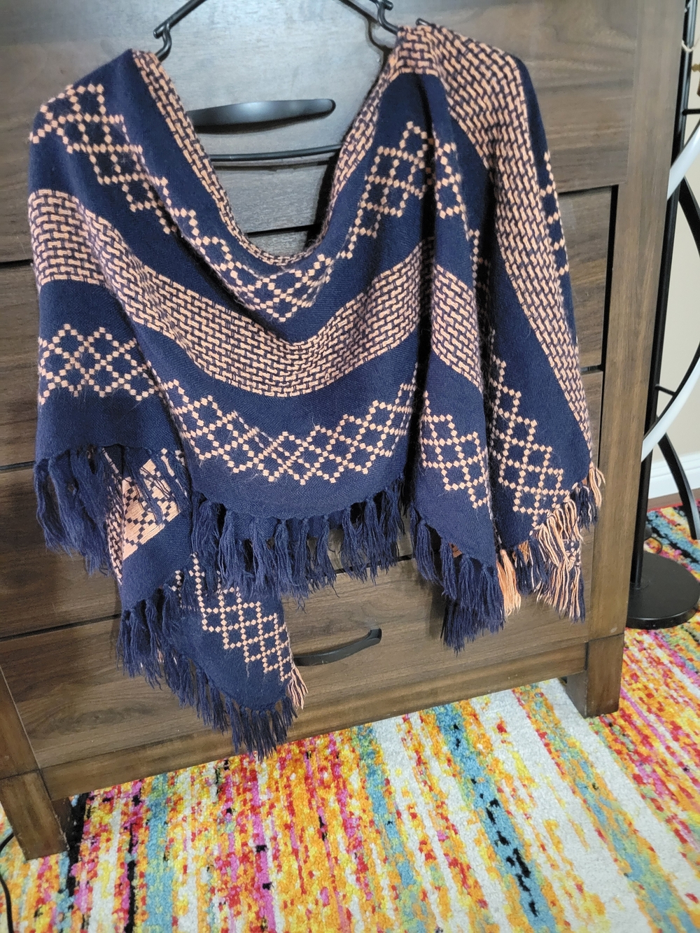 Free People Navy and Peach Geometric Fringe Throw